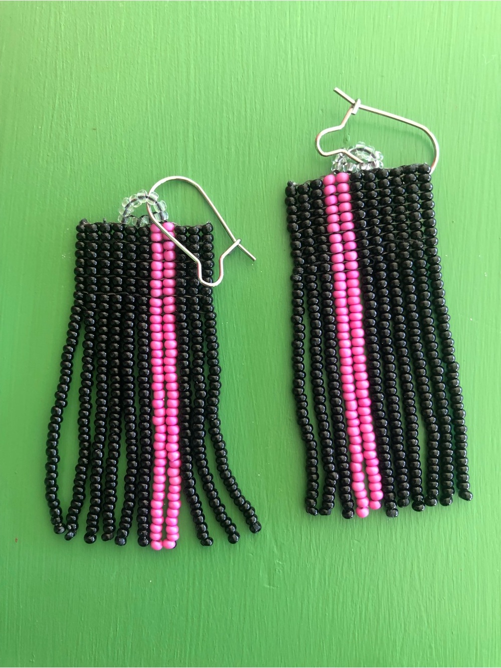 Handmade Black and Pink Beaded Fringe Earrings